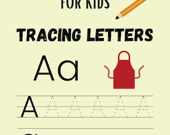 Op de afbeelding: Een handschriftwerkboek voor kinderen met de tekst HANDWRITING WORKBOOK FOR KIDS en TRACING LETTERS. De pagina toont de letter Aa, een rood schorticoon, een geel potlood en rijen met stippellijnen voor het overtrekken van hoofdletters en kleine letters A.