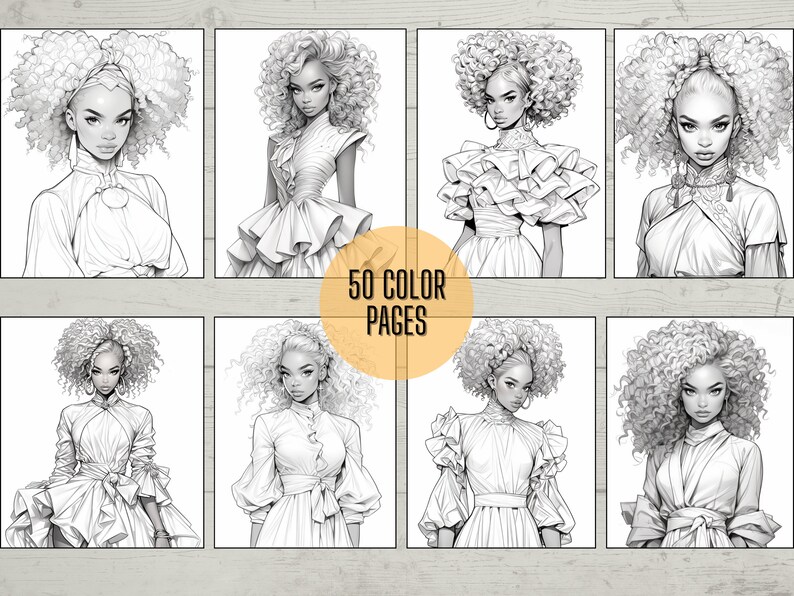 50 Afro Beauties Models Digital Coloring Book, Afro Colouring Sheet ...