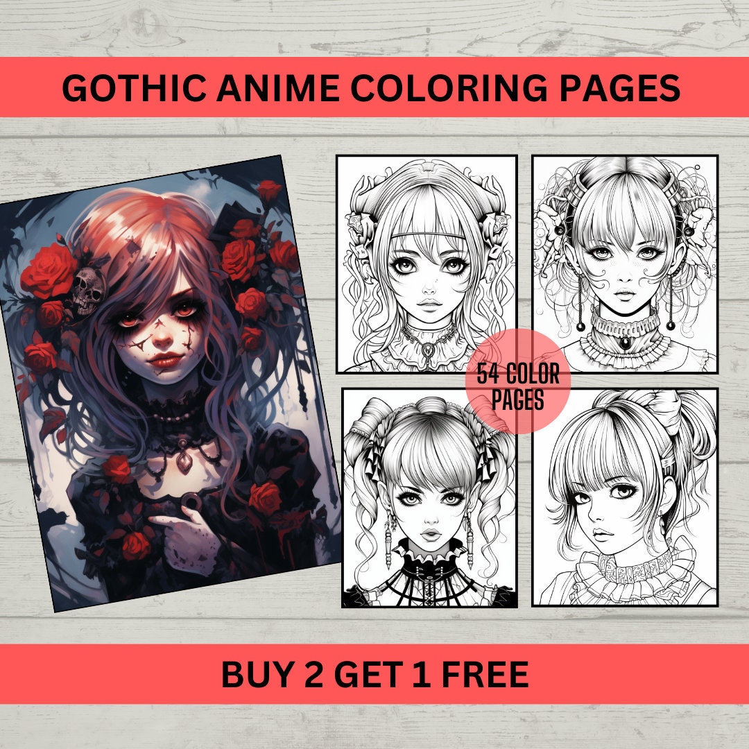 50anime Gothic Girls Coloring Pages for Adults, Grayscale Coloring Page ...