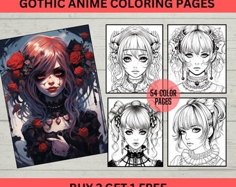 50+Anime Gothic Girls Coloring Pages For Adults, Grayscale Coloring Page,Fantasy Anime Coloring Book, Printable PDF,Digital download, Gothic