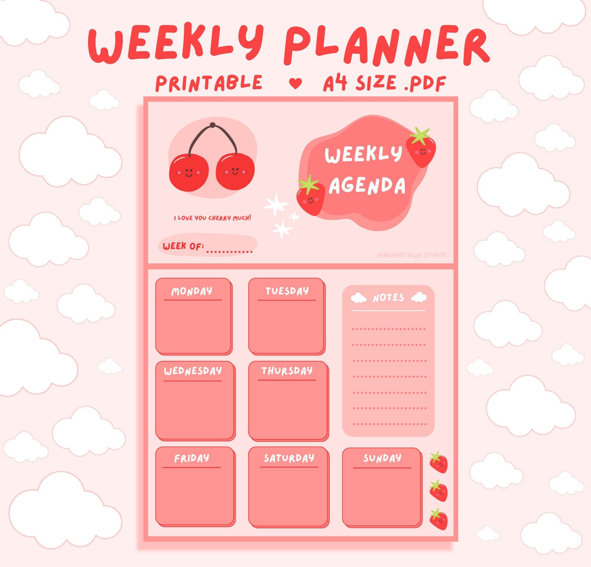 Cute Cherry Strawberry Printable Weekly Planner Digital Download