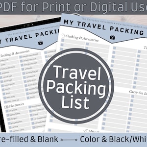 Lista de equipaje / Imprimible y digital / En blanco / Precargado / PDF descargable / Lista de control de embalaje / Color / Blanco y negro / Lista de control de vacaciones