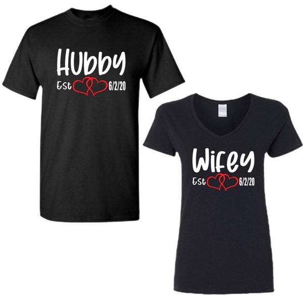 Hubby Wifey Couples Matching T-Shirts Shirt, Est. Year, Husband Wife, Boyfriend Girlfriend, Wedding Date, Custom, Personalize, Anniversary