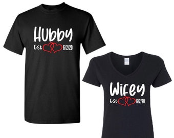 Hubby Wifey Couples Matching T-Shirts Shirt, Est. Year, Husband Wife, Boyfriend Girlfriend, Wedding Date, Custom, Personalize, Anniversary