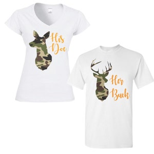 Camo Hunting His Doe Her Buck Couples Matching T-Shirts Shirt, Husband Wife, Boyfriend Girlfriend, Anniversary, Him & Her Twins Twinning