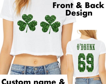 St Patrick&#39;s Day Crop Top T-Shirts Shirt, St Paddy Irish Glitter Cropped Tee, Womens Ladies Custom Name & Number on Back