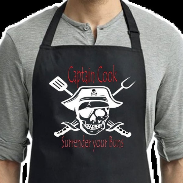 Fathers Day 2 Pocket Apron, Pirate Captain Cook Surrender your Buns , Funny Quote Gift BBQ Cookout