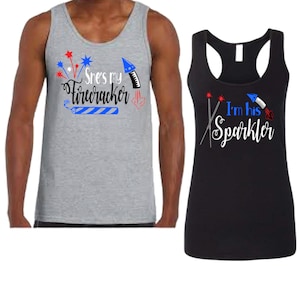 4th of July Matching T-Shirts Shirt Tank Top, Summer USA Flag Colors, Red White Blue, Patriotic, I&#39;m His Sparkler, She&#39;s my firecracker