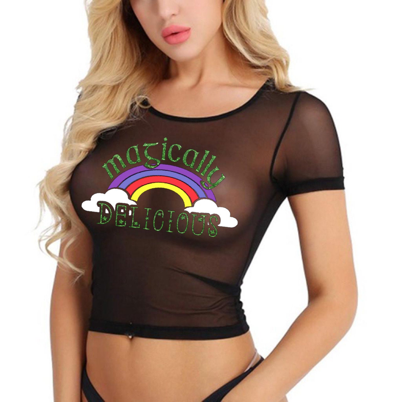 St Patrick's Day Magically Delicious Crop Top Sheer or Solid Shirt, St Paddy Irish Cropped Tank, Womens Ladies Sheer See Though Glitter