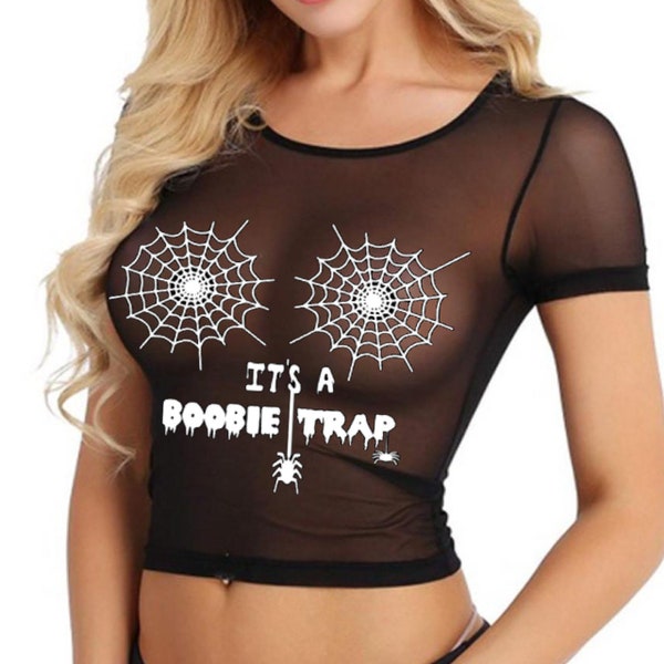 Halloween Spider Web Boobie Trap Crop Top T-Shirts Shirt, Cropped Tee, Womens Ladies Custom Sheer or Solid Tops