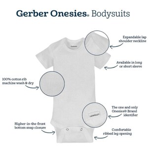 May include: White Gerber Onesies&reg; bodysuit with short sleeves. Features include an expandable lap shoulder neckline, higher-in-the-front bottom snap closure, and a comfortable ribbed leg opening. Made of 100% cotton rib, machine washable.