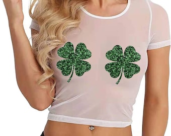 St Patrick&#39;s Day Crop Top Sheer or Solid Shirt, St Paddy Irish Glitter Cropped Sheer Tee, Womens Ladies Sheer See Though Glitter Shamrocks