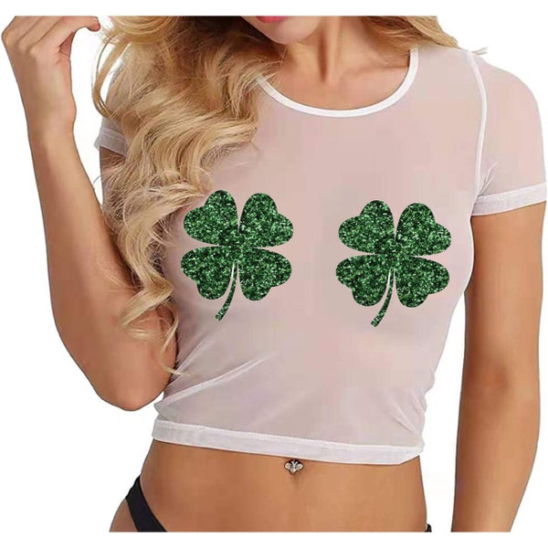 St Patrick's Day Crop Top Sheer or Solid Shirt, St Paddy Irish Glitter Cropped Sheer Tee, Womens Ladies Sheer See Though Glitter Shamrocks