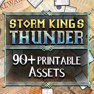 Puede incluir: Imagen promocional de "Storm King's Thunder" con el texto "90+ Printable Assets". El diseño central está enmarcado y rodeado de documentos y mapas temáticos de fantasía. El título está en una fuente decorativa.