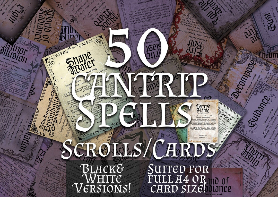Dnd Spell Scrolls Bundle 50 Cantrips Spell Cards Spell Scrolls DM Gift