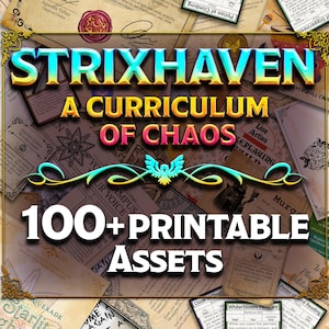 May include: An image promoting "Strixhaven: A Curriculum of Chaos," showcasing printable assets. The design features the title text in bright colours, decorative flourishes, and the text "100+ Printable Assets."
