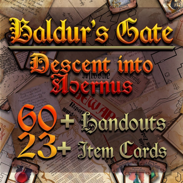 Baldur's Gate: Descent into Avernus 60 + D&D Handouts and Assets Pacchetto stampabile digitale - DnD - Dungeons and Dragons - Regalo DM - Zariel