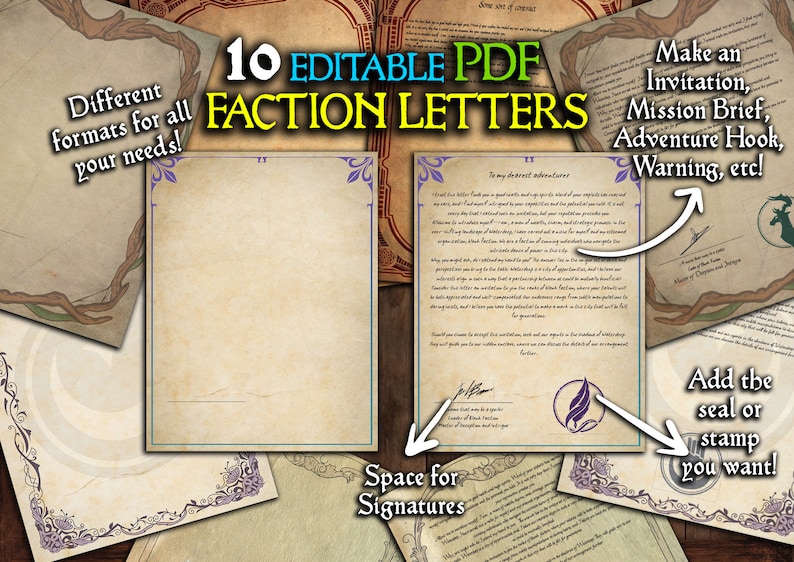 Puede incluir: Diez plantillas de cartas de facci&oacute;n PDF editables con espacio para firmas y un sello o sello. Las cartas tienen un fondo de pergamino y bordes ornamentados. El texto de la imagen dice "10 Cartas de facci&oacute;n PDF editables" y "&iexcl;Haz una invitaci&oacute;n, un resumen de la misi&oacute;n, un gancho de aventura, una advertencia, etc. !"