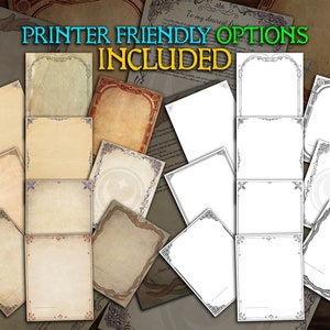 Puede incluir: Un conjunto de marcos imprimibles de estilo vintage con bordes ornamentados. Los marcos est&aacute;n disponibles en dos esquemas de color: marr&oacute;n y blanco. El texto "PRINTER FRIENDLY OPTIONS INCLUDED" se muestra en la parte superior de la imagen.