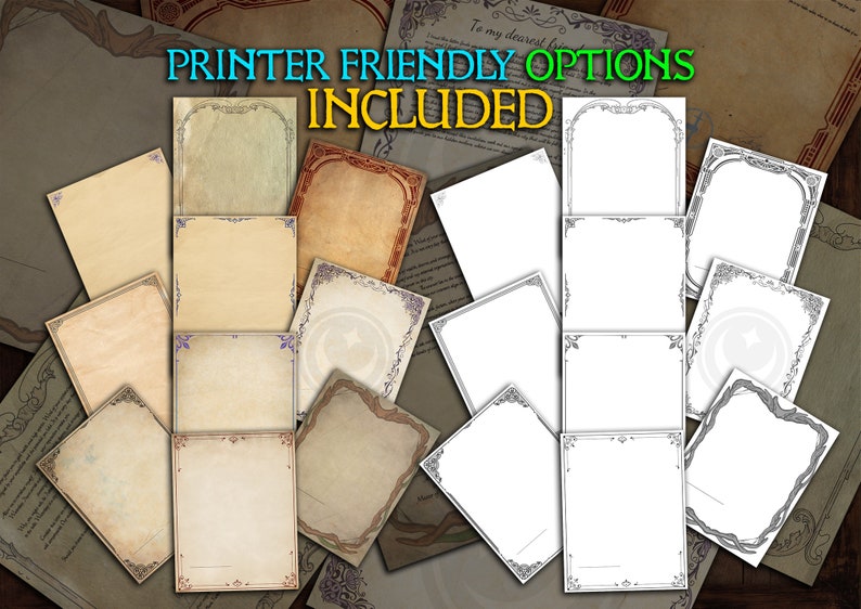 Puede incluir: Un conjunto de marcos imprimibles de estilo vintage con bordes ornamentados. Los marcos est&aacute;n disponibles en dos esquemas de color: marr&oacute;n y blanco. El texto "PRINTER FRIENDLY OPTIONS INCLUDED" se muestra en la parte superior de la imagen.