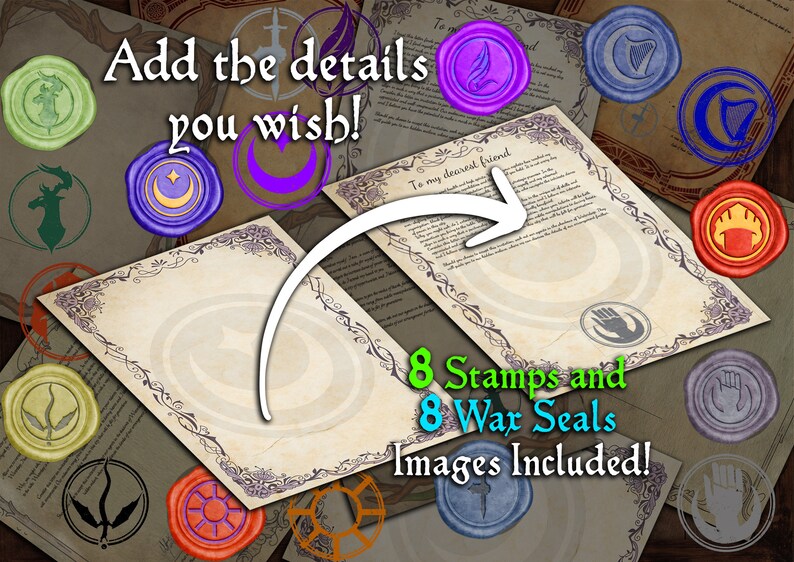 Puede incluir: Ocho sellos de cera diferentes con varios dise&ntilde;os, incluyendo una luna creciente, una mano, una pluma y un arpa. Los sellos son de diferentes colores, incluyendo morado, azul, verde y rojo. El texto "&iexcl;A&ntilde;ade los detalles que desees!" y "&iexcl;8 Sellos y 8 Sellos de Cera Im&aacute;genes Incluidas!" tambi&eacute;n es visible.