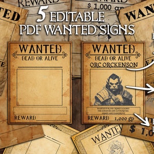 Bearbeitbare Steckbrief Druckbare PDF-Vorlage - DND - Rollenspiel - Kopfgeld hinzufügen - Belohnung - Vermisst - Handout - Dungeons und Drachen