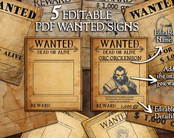 Editable Wanted Sign Printable PDF Template - DND - Roleplaying - Bounty Add - Reward - Missing - Handout - Dungeons and Dragons