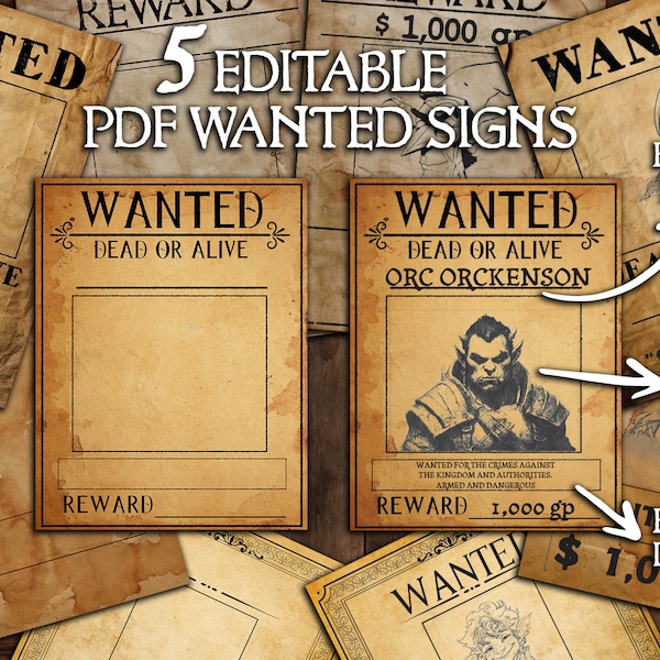 Editable Wanted Sign Printable PDF Template - DND - Roleplaying - Bounty Add - Reward - Missing - Handout - Dungeons and Dragons