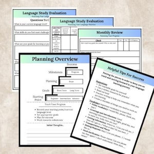 May include: A printable worksheet for planning and tracking language learning progress. The worksheet includes sections for setting goals, milestones, and helpful tips for success. The worksheet is designed to help language learners stay motivated and on track.
