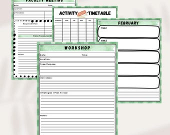 Könnte beinhalten: Druckbare Planerseiten mit grün-weiß karierten Hintergründen. Die Seiten beinhalten Abschnitte für Fakultätsmeetings, Aktivitätszeitpläne, Workshops und einen Monatskalender für Februar.
