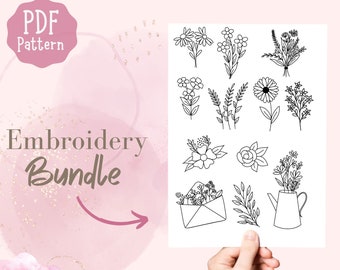 May include: A printable PDF pattern for embroidery featuring 12 different floral designs. The designs include flowers, leaves, and a pitcher. The text "PDF Pattern" and "Embroidery Bundle" is visible in the image.