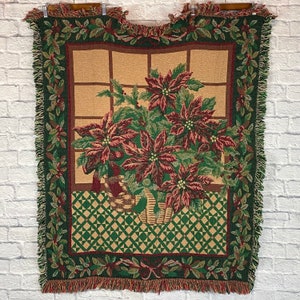 Vintage 1990s Christmas Poinsettias Tapestry Throw