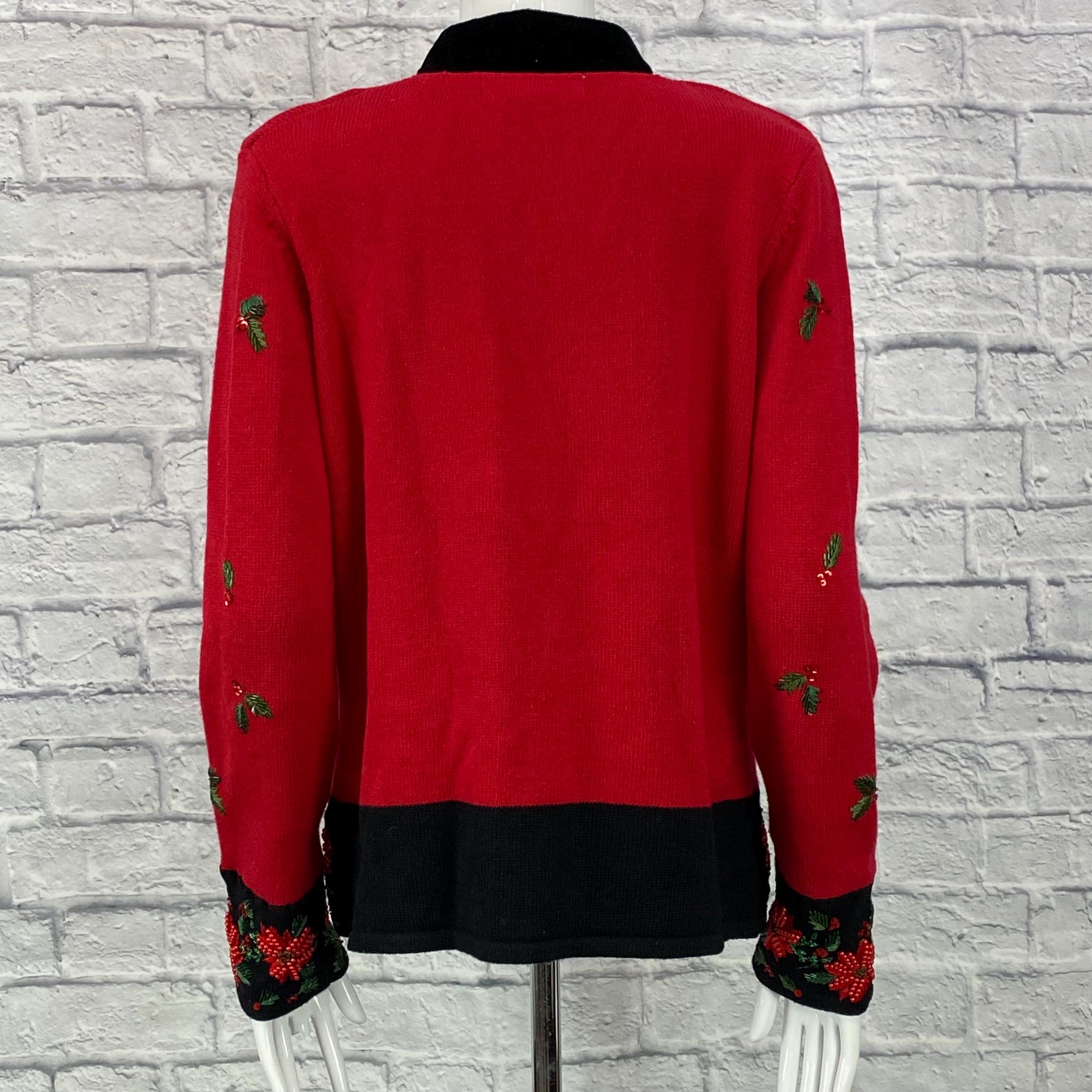 Pull De Noël Rouge Heirloom Collectibles Taille L Femme - Sequins, Zip Complet, Style Cardigan Moche