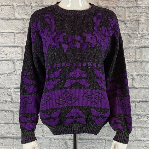 Vintage 1980s Kate Collins Purple Floral Sweater