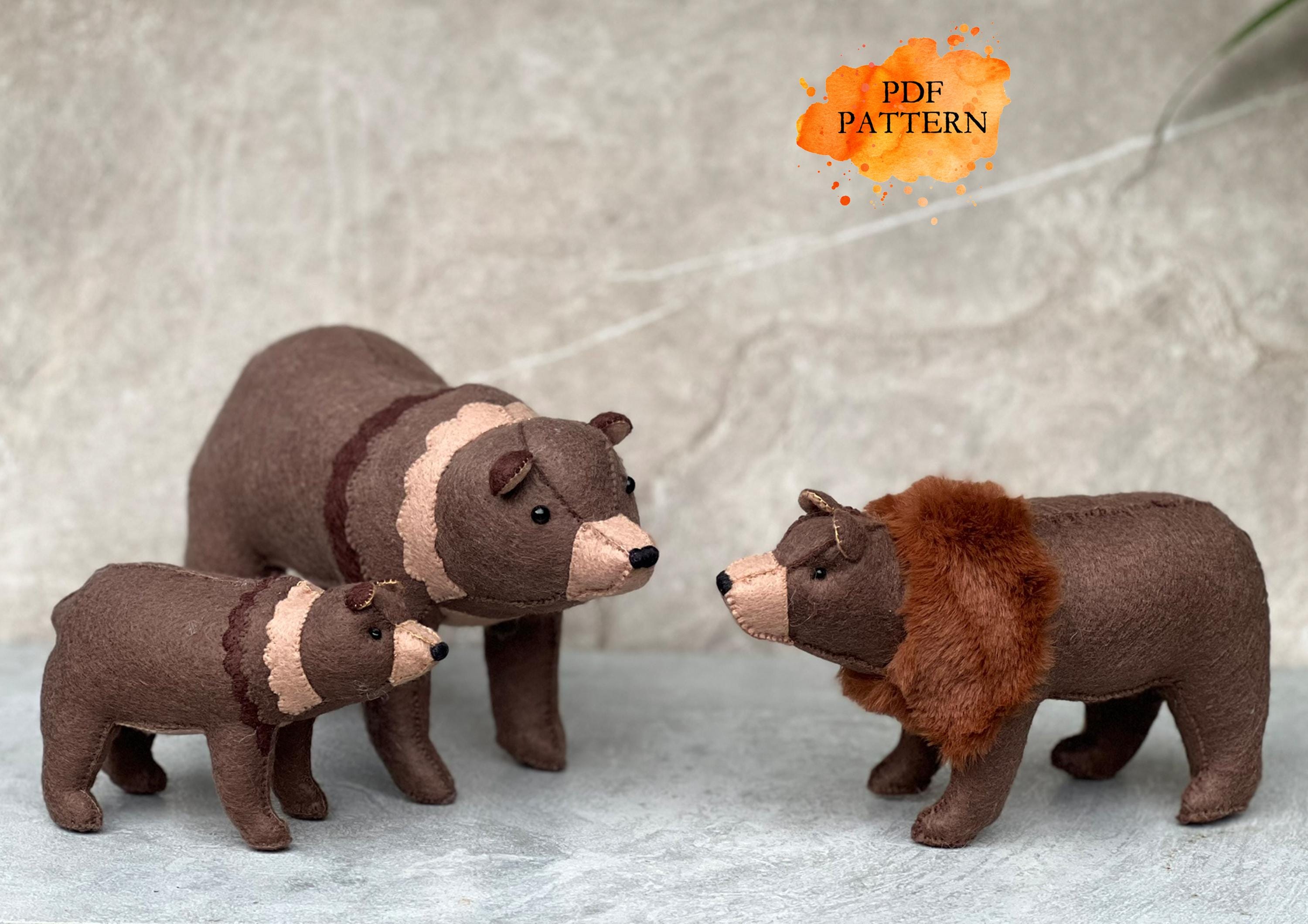 Felt Grizzly Bear with Patches or Faux Fur * 3 Sizes* Digital Pattern PDF Woodland Stuffed Animals