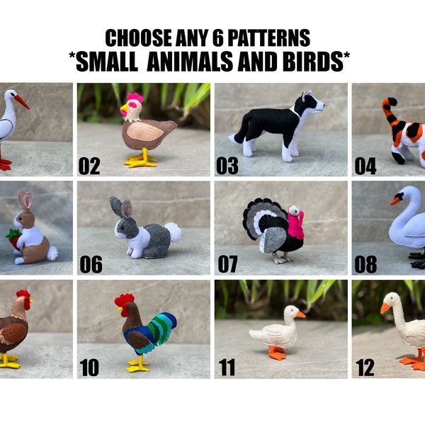 Offre spéciale * Lot de 6 motifs de petits animaux ou d'oiseaux au choix * Motifs numériques PDF en feutre