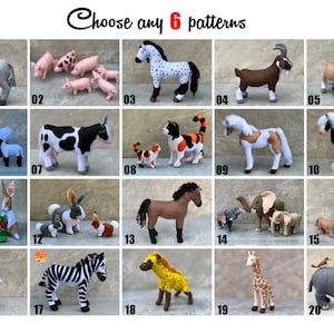 Op de afbeelding: Een collectie van twintig genummerde vilten dierenfiguren, waaronder een ezel, varkens, paarden, geiten, een koe, een kat, konijnen, olifanten, een leeuw, een struisvogel, een zebra, een hyena, een giraf en een neushoorn. Tekst: Choose any 6 patterns.