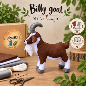 May include: A DIY felt sewing kit featuring a brown and white goat plush with a grey curved horn and white beard. The kit includes brown, white, and grey felt sheets, white thread, needles, and scissors, with text reading Billy goat DIY Felt Sewing Kit.