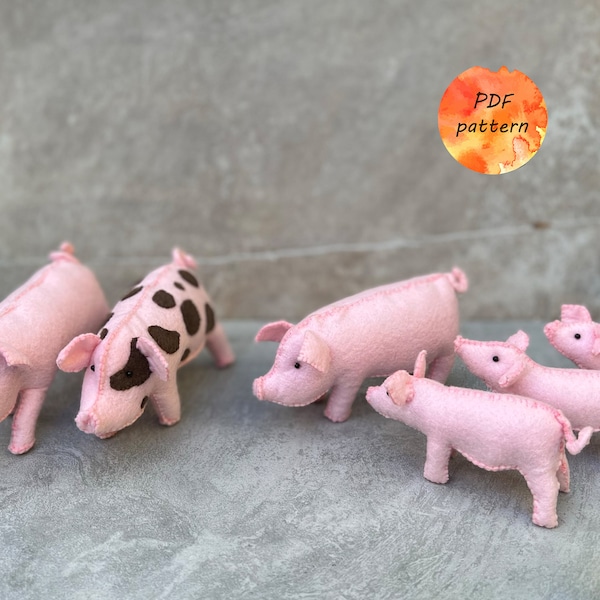 Felt Pig *4 PATTERNS *Bundle* Small and Large* Walking and Standing* Digital Sewing Pattern PDF  * Farm Animals