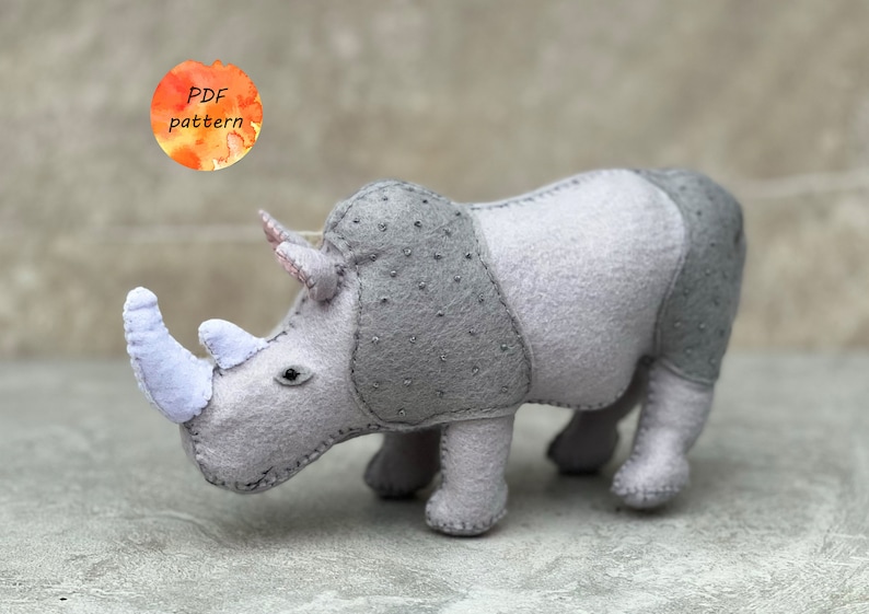 Feutre rhinocéros rhinocéros 2 patrons de couture bundle grand et petit rhinocéros PDF peluche Safari animaux jouet ornement cadeau image 1