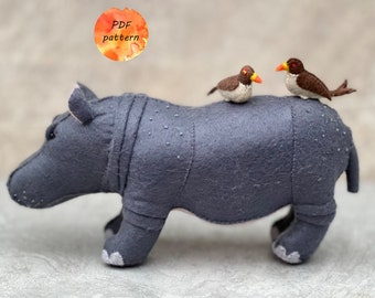 Felt Hippo with Oxpecker Bird Sewing Pattern PDF Safari Stuffed Animals Toy Ornament Gift