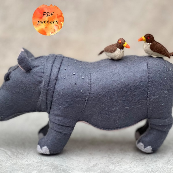 Felt Hippo with Oxpecker Bird Sewing Pattern PDF Safari Stuffed Animals Toy Ornament Gift