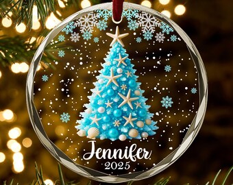 Custom Beach Christmas Ornament, Sea Glass Tree Personalized Ornament, Coastal Holiday Decor, Ocean Theme Keepsake Gift, 2025 Ornament AH135