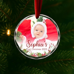 Décoration photo personnalisée pour le premier Noël de bébé | Souvenir personnalisé avec nom et année |  Ornement en cristal pour les nouveaux parents, cadeau tendance 2025 AR29