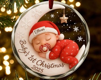Personalized Baby’s First Christmas Ornament 2025, Custom Newborn Moon Ornament, Cute Sleeping Baby Gift, New Parent Keepsake AR138
