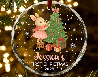 Personalized Baby Girl’s First Christmas Ornament 2025, Cute Bunny Decorating Tree Design, Custom Name Holiday Gift, New Parent AR145