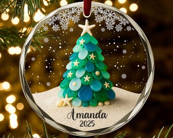 Custom Beach Christmas Ornament, Sea Glass Tree Personalized Ornament, Coastal Holiday Decor, Ocean Theme Keepsake Gift, 2025 Ornament AH133