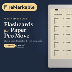 Może przedstawiać: Tablet cyfrowy wyświetlający interfejs do nauki zatytułowany Your decks z dziesięcioma ponumerowanymi polami talii. Ekran ma jasnobeżowe tło z ciemnym tekstem. Tekst po lewej stronie to reMarkable, POCKET STUDY CARDS, Flashcards for Paper Pro Move, 1180 cards i 4 colors.