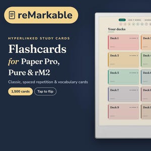 Könnte beinhalten: Ein digitales Tablet mit einer Lernkarten-Oberfläche, die den Text reMarkable, Hyperlinked Study Cards, Flashcards for Paper Pro, Pure & rM2 und 1,500 cards zeigt. Der Bildschirm enthält ein Menü namens Your decks mit zehn farbigen Schaltflächen.