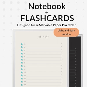 Puede incluir: Un cuaderno digital y tarjetas didácticas diseñadas para la tableta reMarkable Paper Pro. La imagen muestra una pantalla de tableta con una lista de contenido, con acentos turquesa. El texto incluye "Notebook + FLASHCARDS" y "Light and dark version."